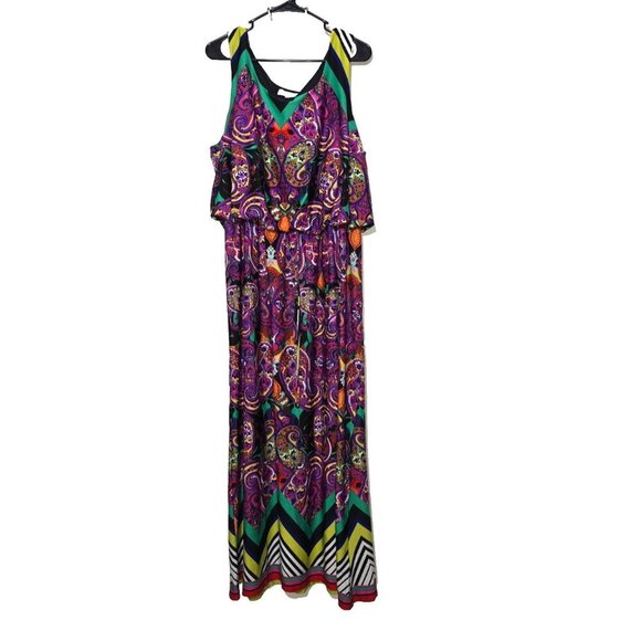 Shelby & Palmer Maxi Dress 20W Paisley Blouson Stretch Boho Pullover Tie Waist - Picture 1 of 11